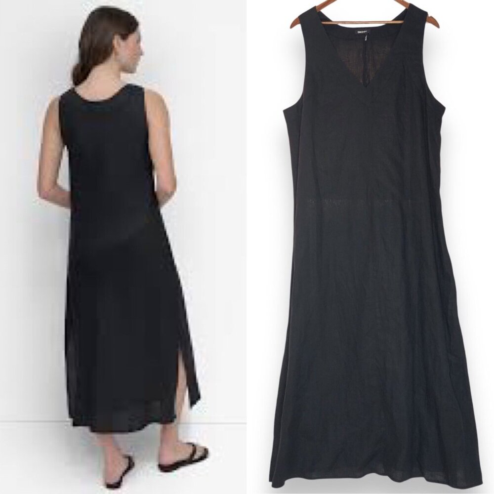 DKNY Womens Black Linen Mixi Dress XL Side Slit V-neck Travel Beachy Lagenlook